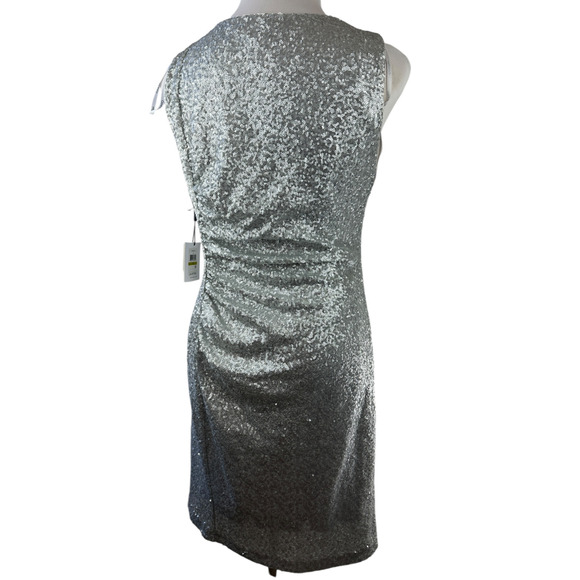 NWT Calvin Klein Sequin Ruched Sheath Shift Dress Silver Pleated Bodycon Size 14 - Picture 8 of 16